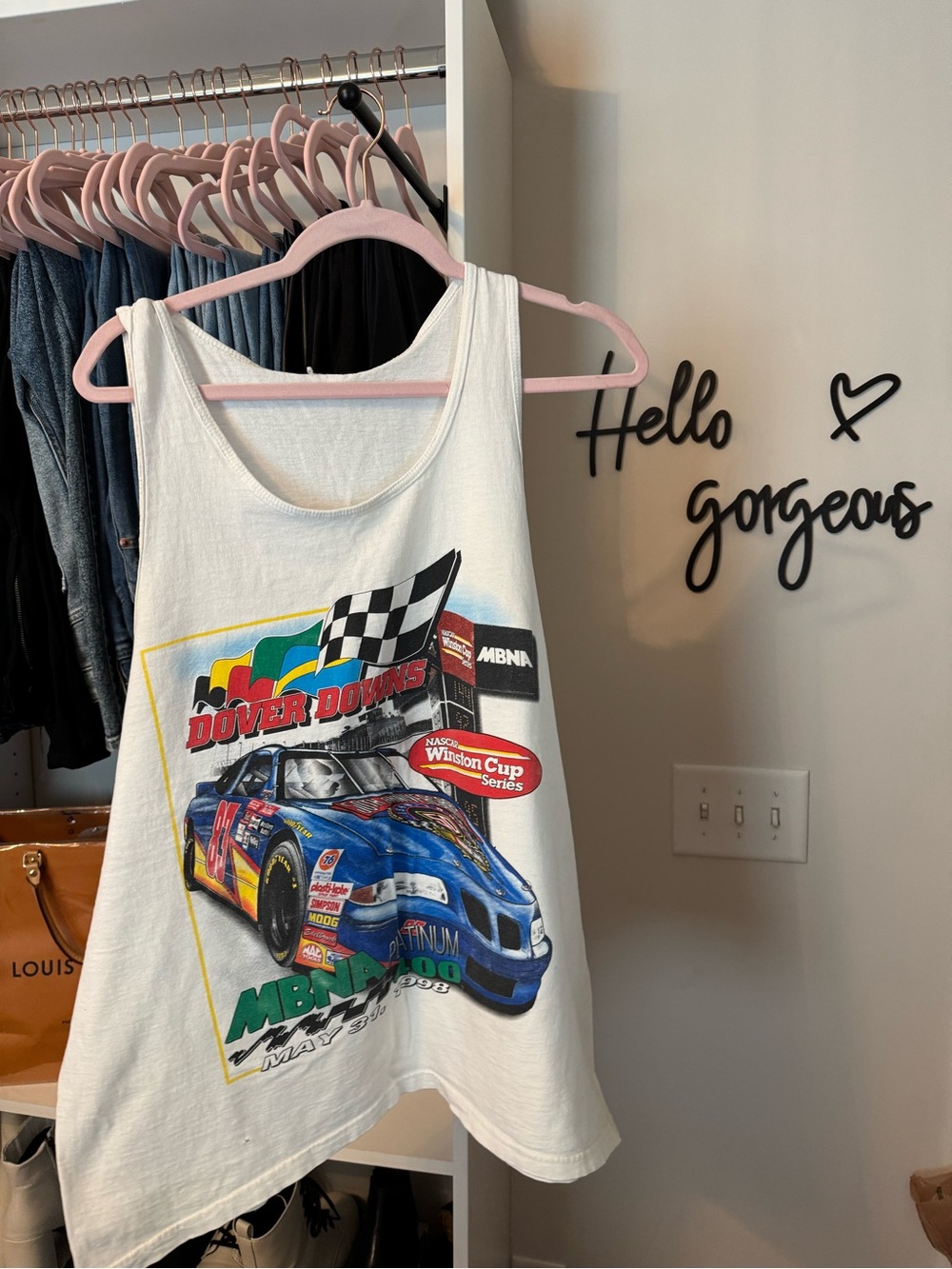 Nascar White Dover Downs Graphic Tank Top with Blue Race Car